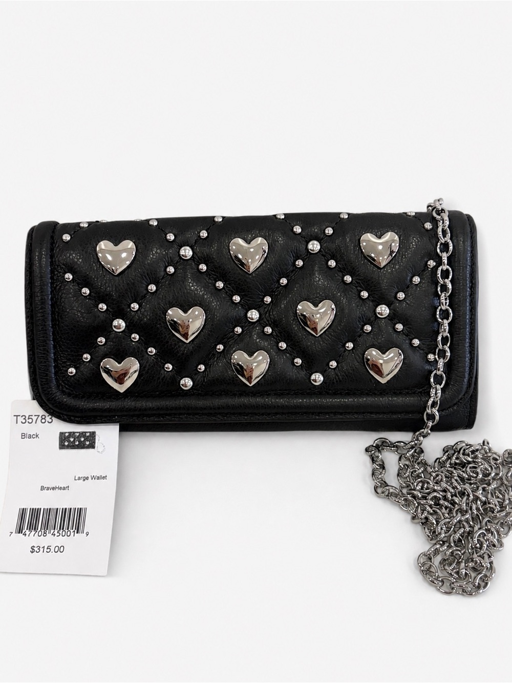 NWT Brighton Brave Heart Large Wallet With Nickel Silver Hearts and Chain Strap